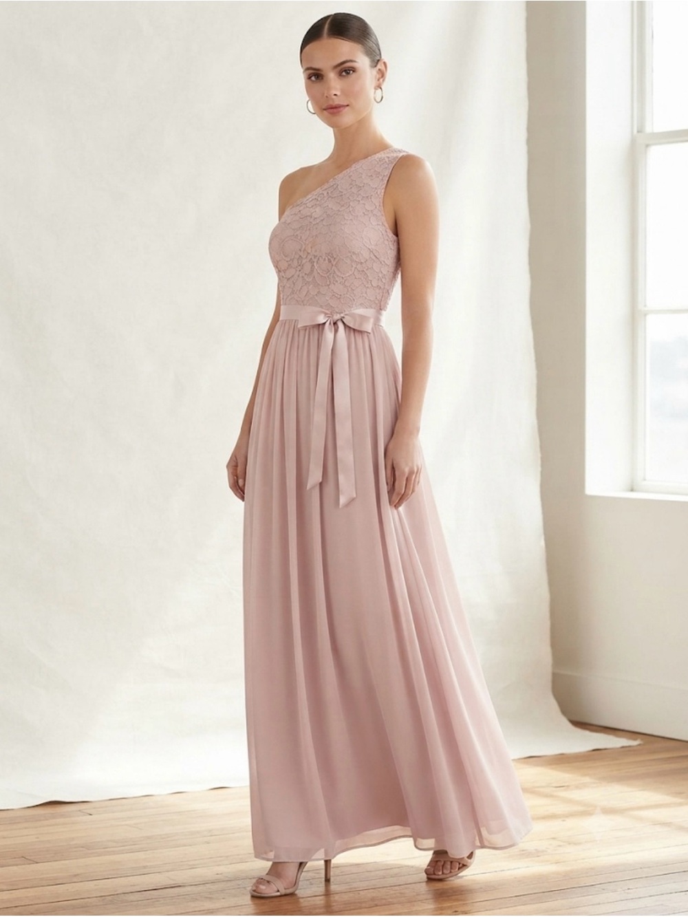 David's Bridal One-Shoulder Lace Bodice Midi/Maxi Dress in Blush size 8 0060